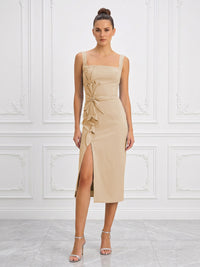 Stretch Jersey Sheath/Column Square Neck Tea-Length Cocktail Dresses with Slit