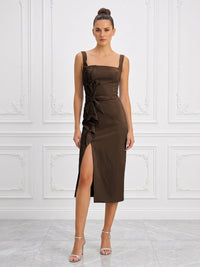 Stretch Jersey Sheath/Column Square Neck Tea-Length Cocktail Dresses with Slit