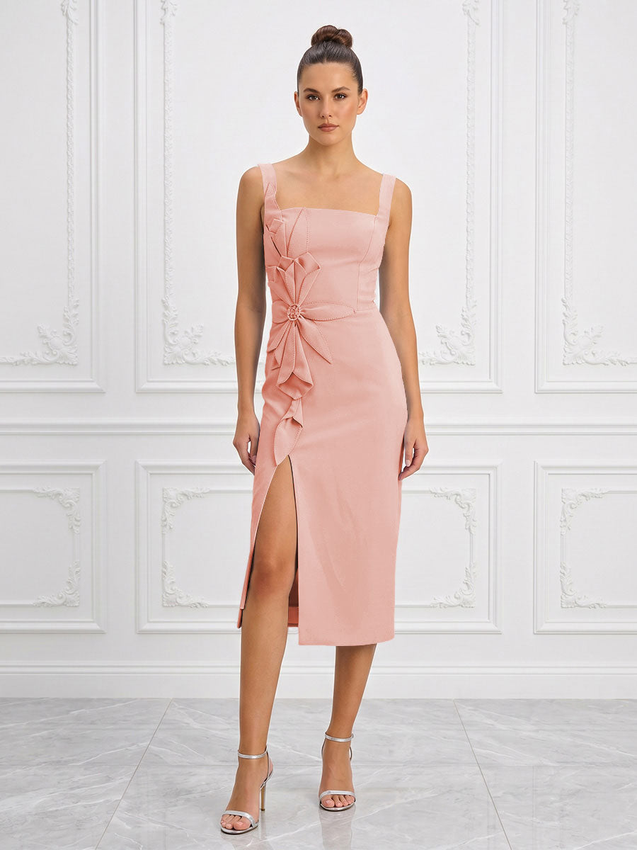 Stretch Jersey Sheath/Column Square Neck Tea-Length Cocktail Dresses with Slit
