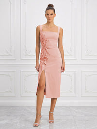 Stretch Jersey Sheath/Column Square Neck Tea-Length Cocktail Dresses with Slit
