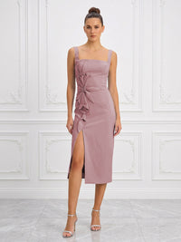 Stretch Jersey Sheath/Column Square Neck Tea-Length Cocktail Dresses with Slit