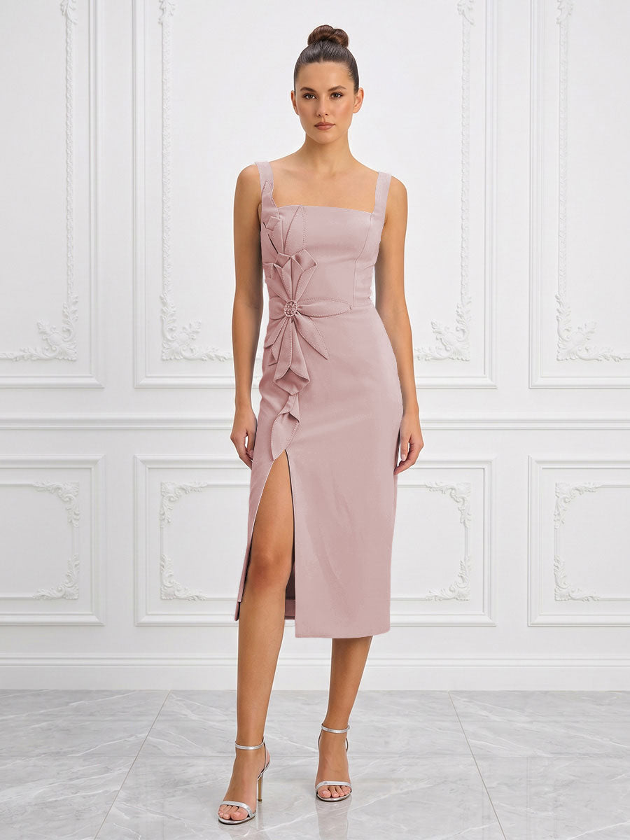 Stretch Jersey Sheath/Column Square Neck Tea-Length Cocktail Dresses with Slit