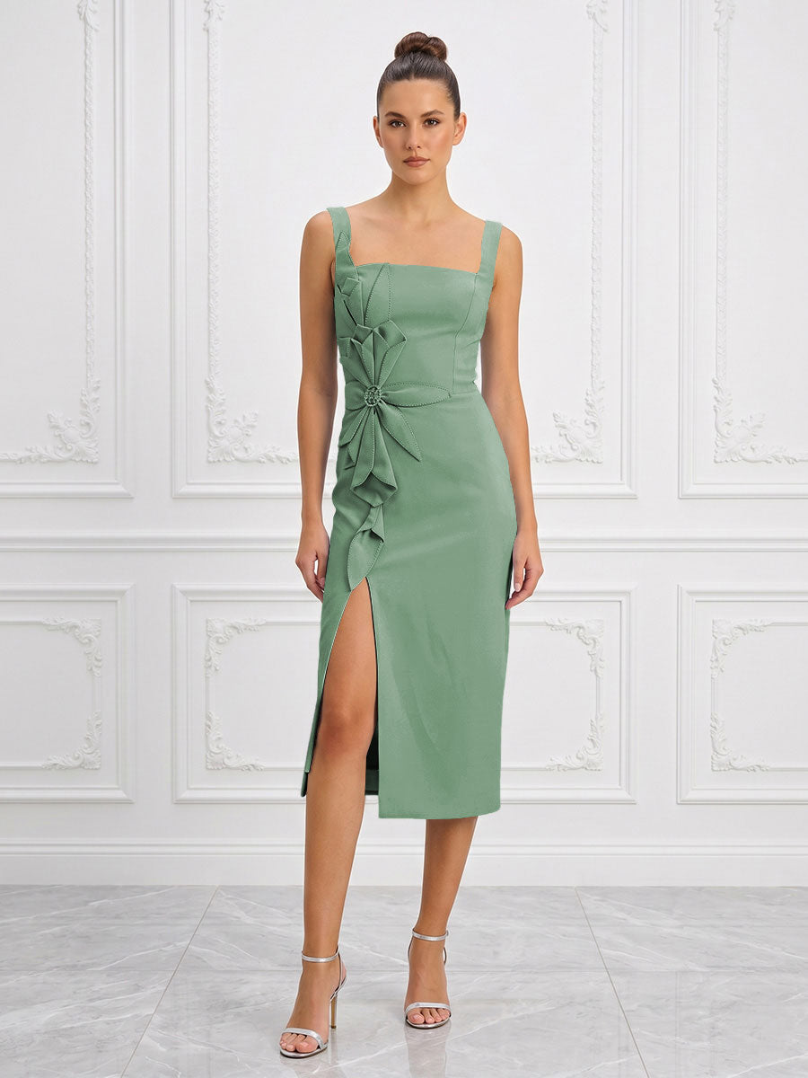 Stretch Jersey Sheath/Column Square Neck Tea-Length Cocktail Dresses with Slit