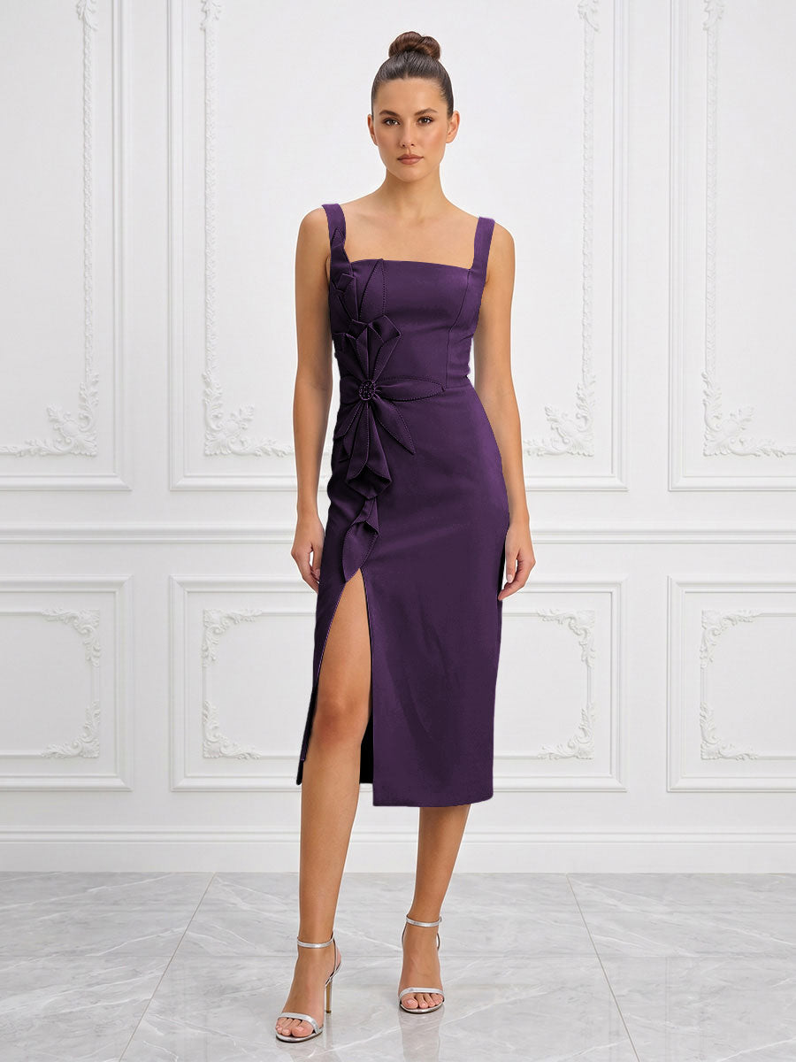 Stretch Jersey Sheath/Column Square Neck Tea-Length Cocktail Dresses with Slit