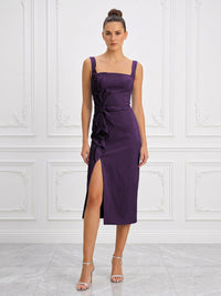 Stretch Jersey Sheath/Column Square Neck Tea-Length Cocktail Dresses with Slit