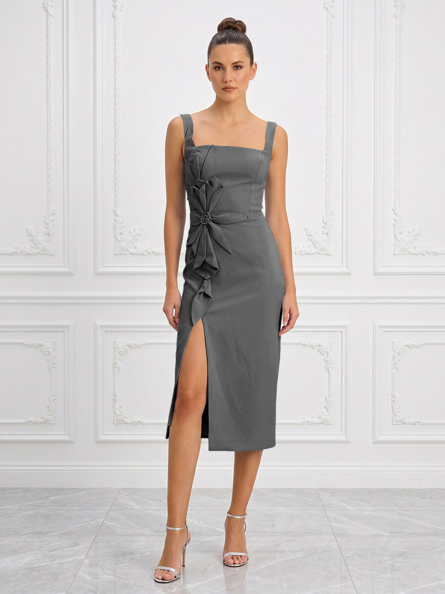 Stretch Jersey Sheath/Column Square Neck Tea-Length Cocktail Dresses with Slit