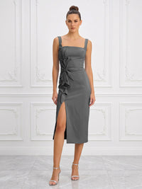 Stretch Jersey Sheath/Column Square Neck Tea-Length Cocktail Dresses with Slit
