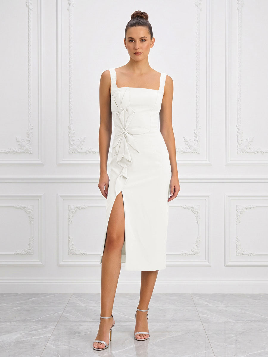 Stretch Jersey Sheath/Column Square Neck Tea-Length Cocktail Dresses with Slit