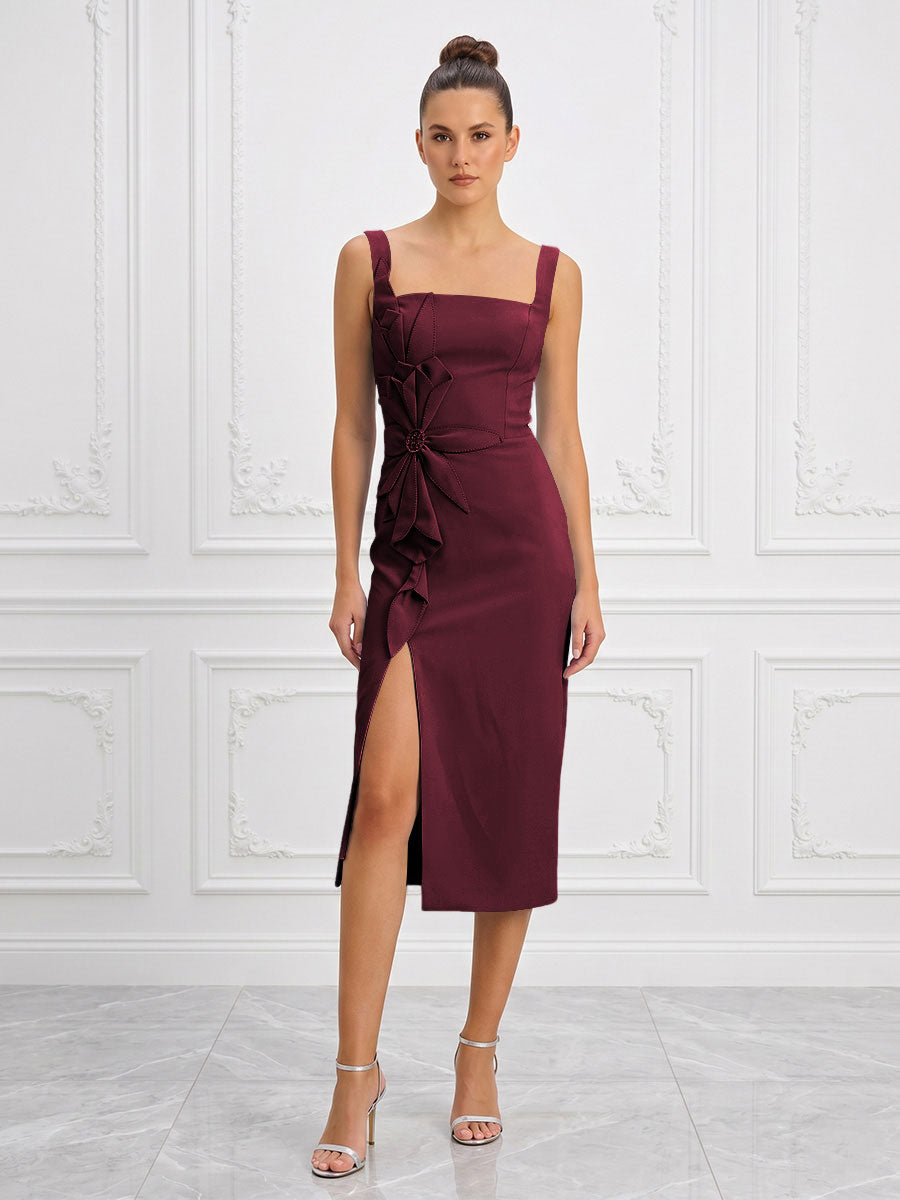 Stretch Jersey Sheath/Column Square Neck Tea-Length Cocktail Dresses with Slit