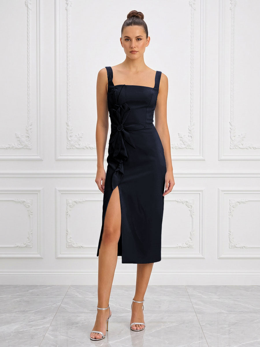 Stretch Jersey Sheath/Column Square Neck Tea-Length Cocktail Dresses with Slit