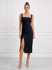 Stretch Jersey Sheath/Column Square Neck Tea-Length Cocktail Dresses with Slit