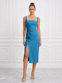 Stretch Jersey Sheath/Column Square Neck Tea-Length Cocktail Dresses with Slit