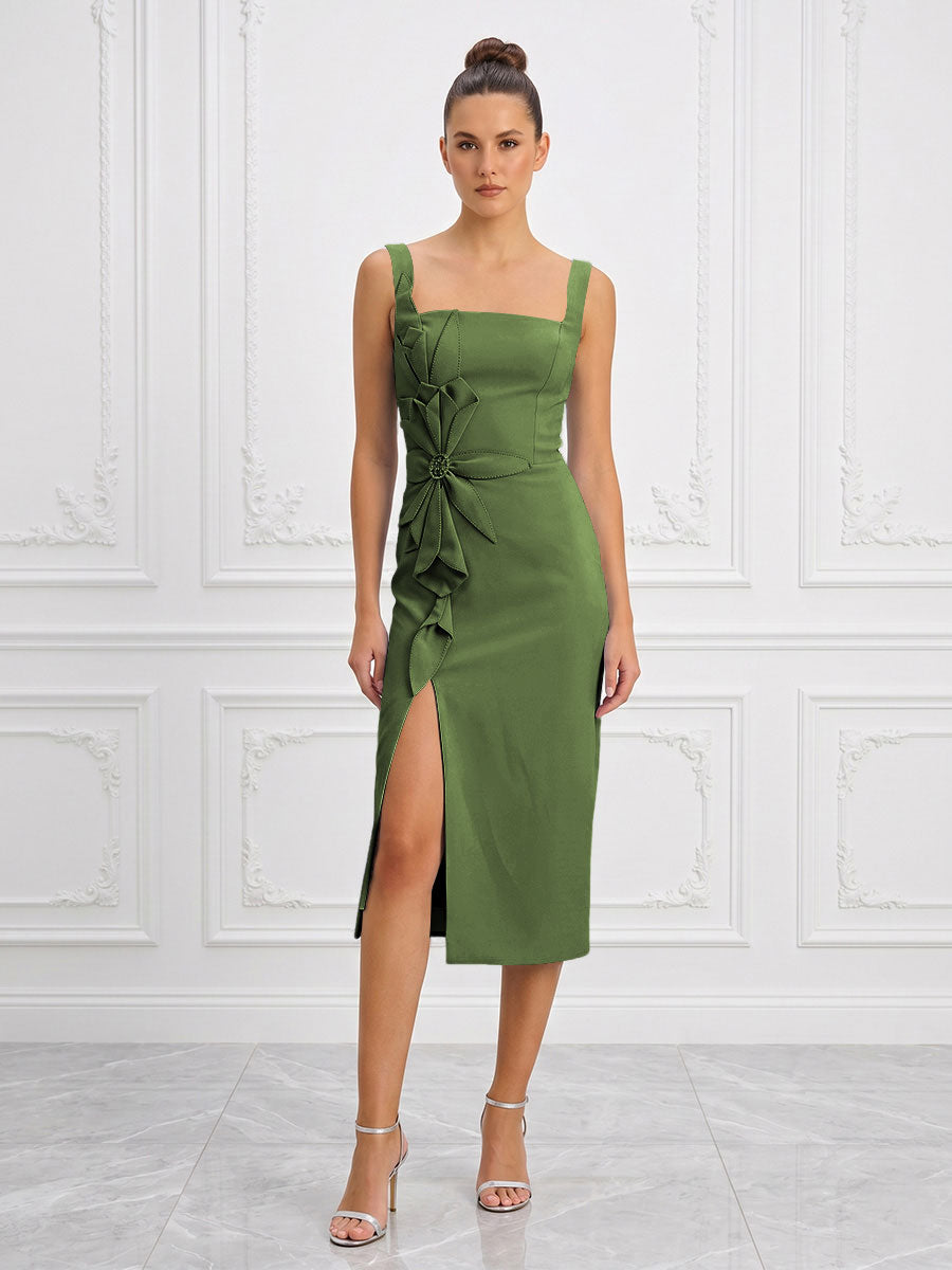 Stretch Jersey Sheath/Column Square Neck Tea-Length Cocktail Dresses with Slit