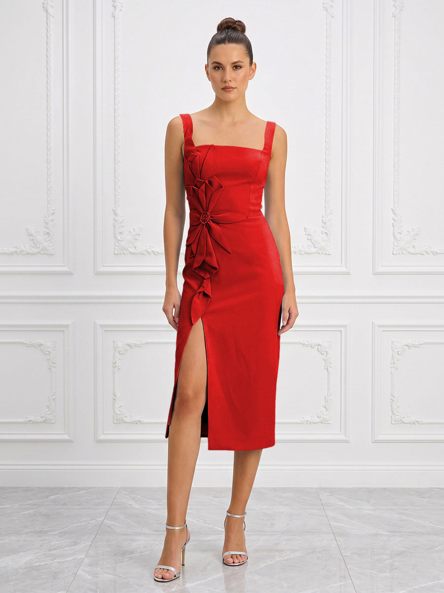 Stretch Jersey Sheath/Column Square Neck Tea-Length Cocktail Dresses with Slit