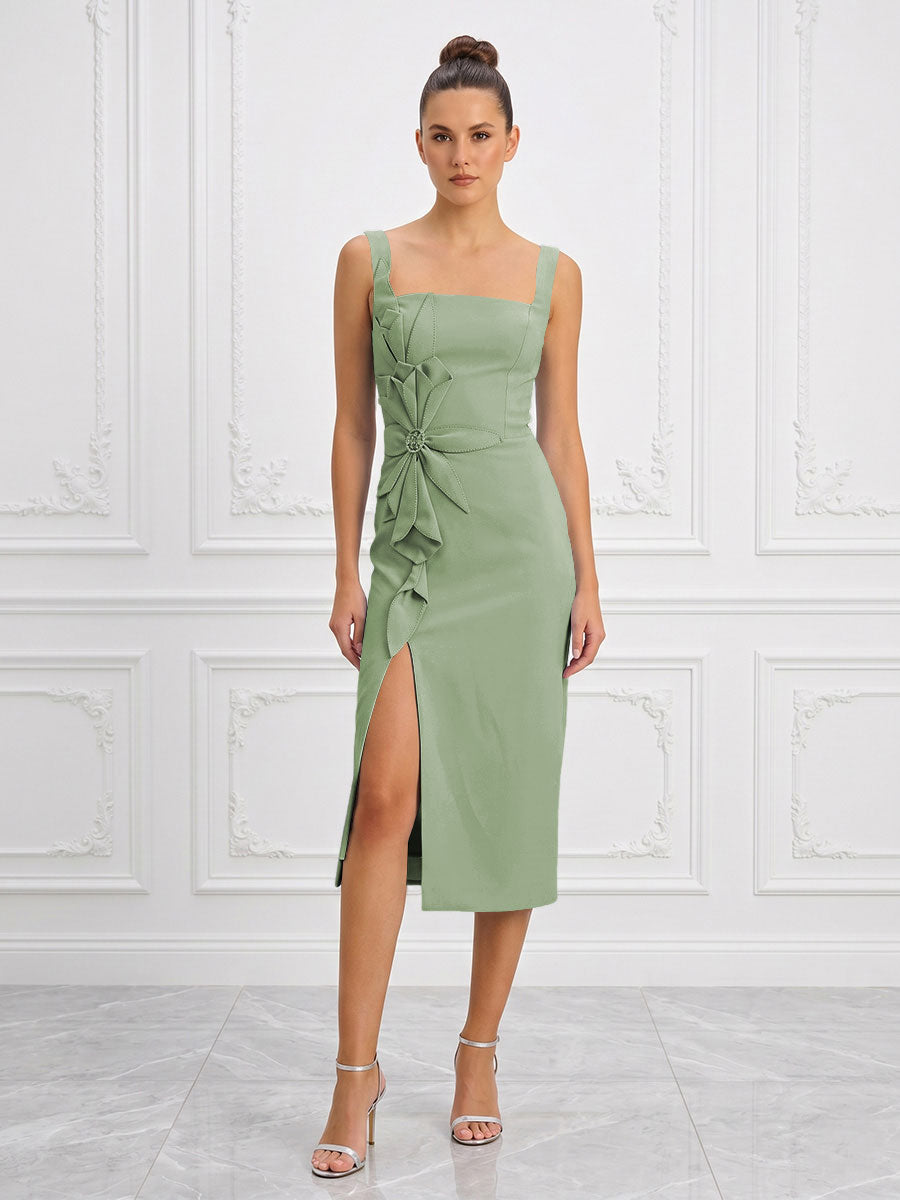 Stretch Jersey Sheath/Column Square Neck Tea-Length Cocktail Dresses with Slit