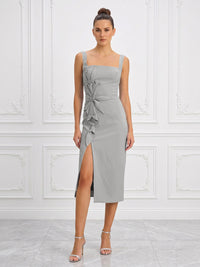 Stretch Jersey Sheath/Column Square Neck Tea-Length Cocktail Dresses with Slit