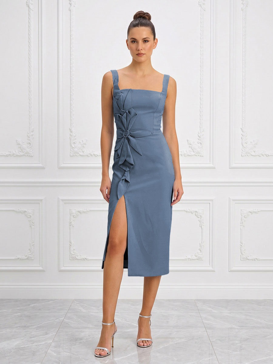 Stretch Jersey Sheath/Column Square Neck Tea-Length Cocktail Dresses with Slit