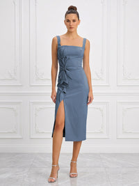 Stretch Jersey Sheath/Column Square Neck Tea-Length Cocktail Dresses with Slit