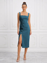 Stretch Jersey Sheath/Column Square Neck Tea-Length Cocktail Dresses with Slit