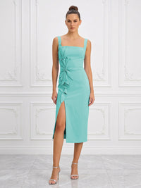 Stretch Jersey Sheath/Column Square Neck Tea-Length Cocktail Dresses with Slit