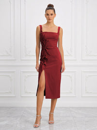 Stretch Jersey Sheath/Column Square Neck Tea-Length Cocktail Dresses with Slit