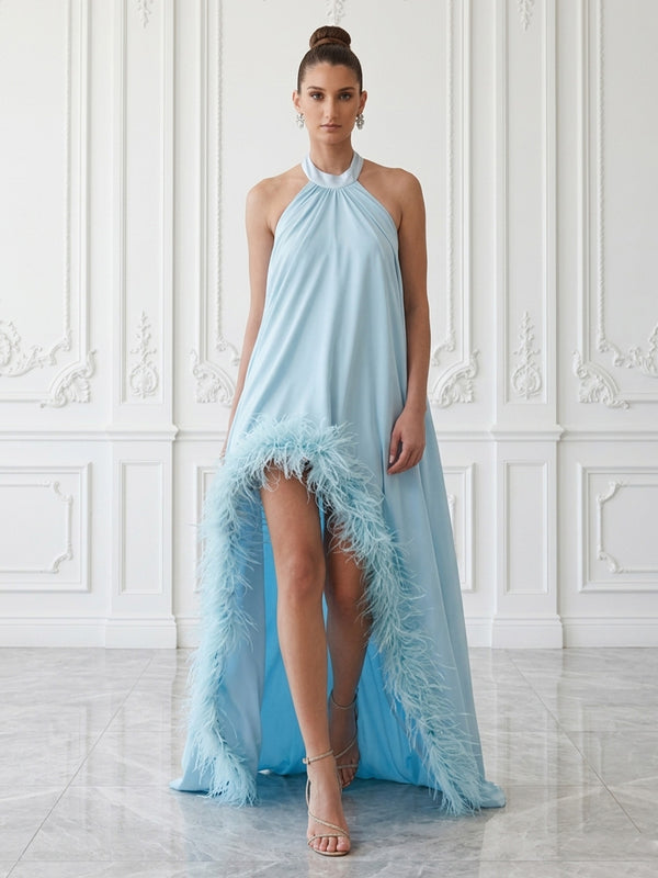 Chiffon A-Line/Princess Halter High-Low Cocktail Dresses with Feather Trim