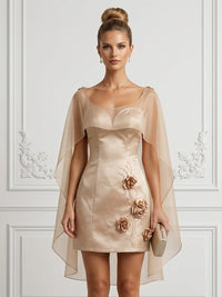 Satin Bodycon Scoop Neck Short Cocktail Dresses with 3D Flowers