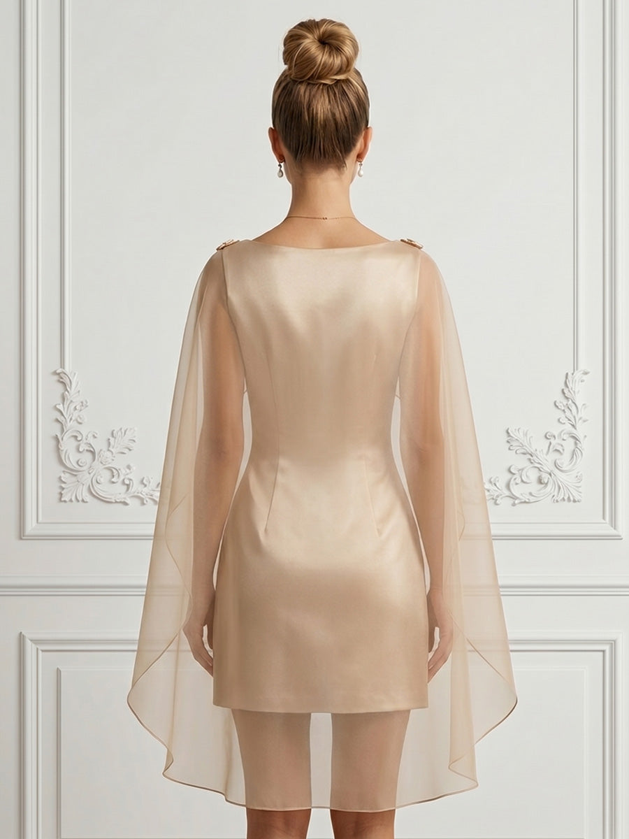 Satin Bodycon Scoop Neck Short Cocktail Dresses with 3D Flowers