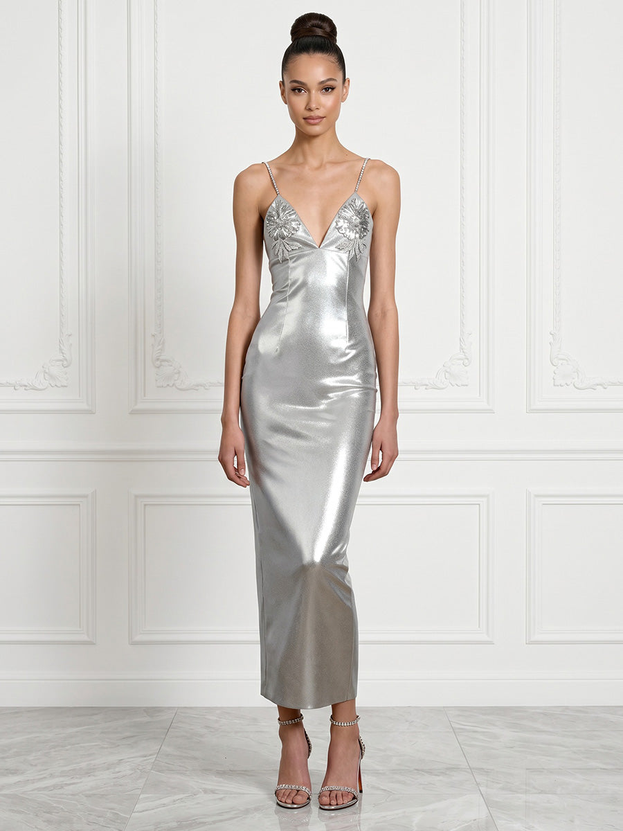 Metallic Satin Sheath/Column Spaghetti Straps Tea-Length Cocktail Dresses for Women