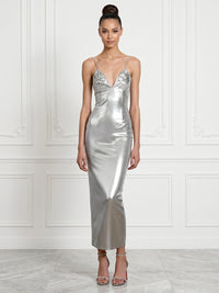 Metallic Satin Sheath/Column Spaghetti Straps Tea-Length Cocktail Dresses for Women