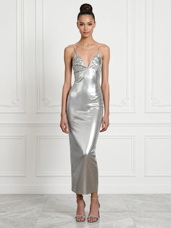 Metallic Satin Sheath/Column Spaghetti Straps Tea-Length Cocktail Dresses for Women