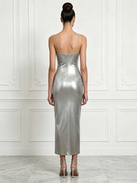 Metallic Satin Sheath/Column Spaghetti Straps Tea-Length Cocktail Dresses for Women
