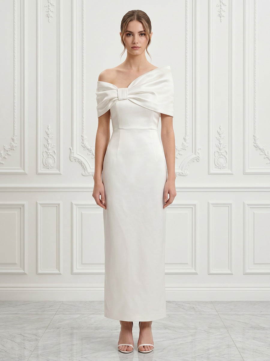 Satin Sheath/Column Off Shoulder Tea-Length Cocktail Dresses for Women