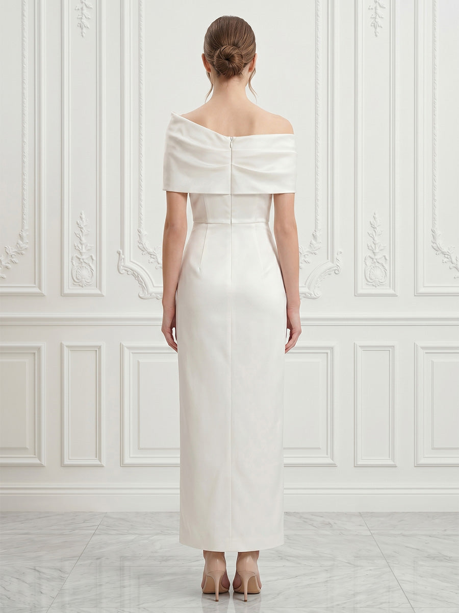 Satin Sheath/Column Off Shoulder Tea-Length Cocktail Dresses for Women