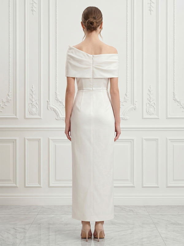 Satin Sheath/Column Off Shoulder Tea-Length Cocktail Dresses for Women
