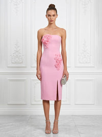 Stretch Jersey Sheath/Column Strapless Tea-Length Cocktail Dresses with 3D Flowers & Slit