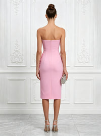 Stretch Jersey Sheath/Column Strapless Tea-Length Cocktail Dresses with 3D Flowers & Slit