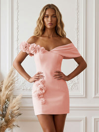 Stretch Jersey Bodycon Off Shoulder Short Cocktail Dresses with 3D Flowers