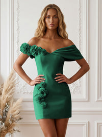 Stretch Jersey Bodycon Off Shoulder Short Cocktail Dresses with 3D Flowers