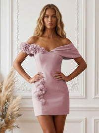 Stretch Jersey Bodycon Off Shoulder Short Cocktail Dresses with 3D Flowers