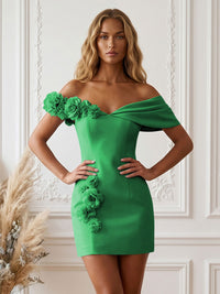 Stretch Jersey Bodycon Off Shoulder Short Cocktail Dresses with 3D Flowers