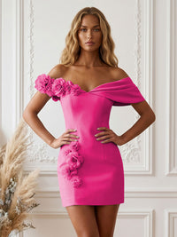 Stretch Jersey Bodycon Off Shoulder Short Cocktail Dresses with 3D Flowers