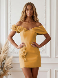 Stretch Jersey Bodycon Off Shoulder Short Cocktail Dresses with 3D Flowers