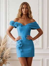 Stretch Jersey Bodycon Off Shoulder Short Cocktail Dresses with 3D Flowers