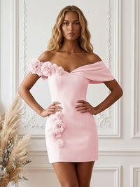 Stretch Jersey Bodycon Off Shoulder Short Cocktail Dresses with 3D Flowers