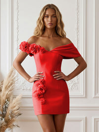 Stretch Jersey Bodycon Off Shoulder Short Cocktail Dresses with 3D Flowers