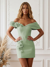 Stretch Jersey Bodycon Off Shoulder Short Cocktail Dresses with 3D Flowers