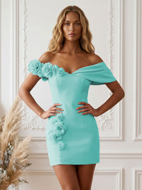 Stretch Jersey Bodycon Off Shoulder Short Cocktail Dresses with 3D Flowers