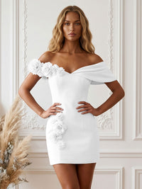 Stretch Jersey Bodycon Off Shoulder Short Cocktail Dresses with 3D Flowers