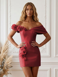 Stretch Jersey Bodycon Off Shoulder Short Cocktail Dresses with 3D Flowers